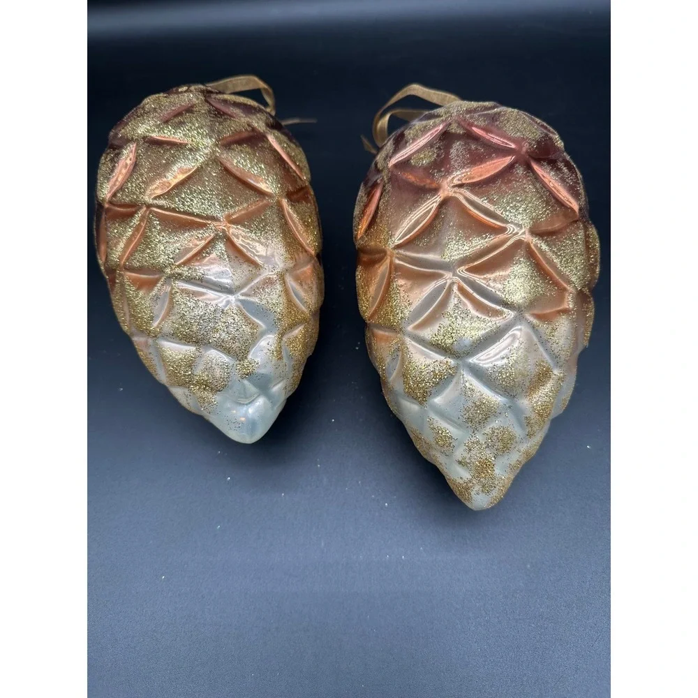 Oversized Plastic Pinecone Ornaments Set of 2 Gold‎ Glitter Holiday Christmas